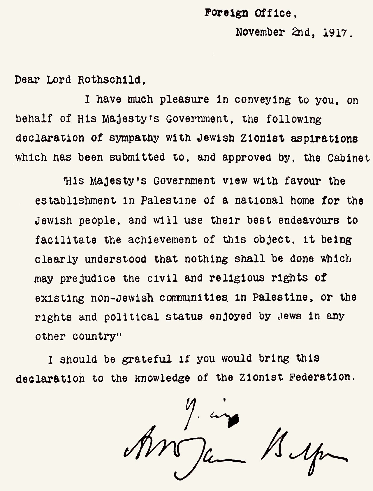 De Balfour-declaratie van 2 november 1917. Een document van 67 woorden dat het lot van een regio bezegelde.