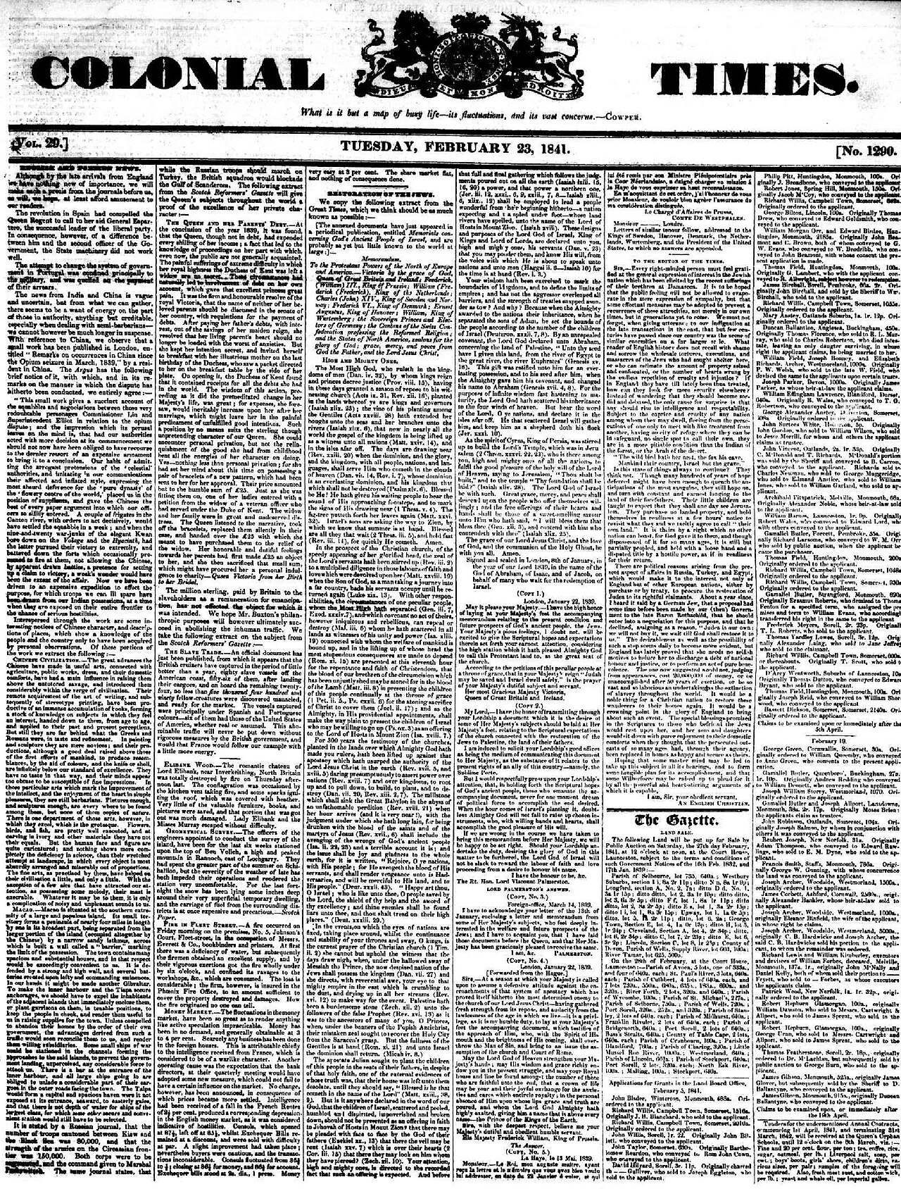 Het memorandum uit 1841, gepubliceerd in de Colonial Times, waarin wordt opgeroepen tot de 'terugkeer' van Joden naar Palestina onder protestantse bescherming.