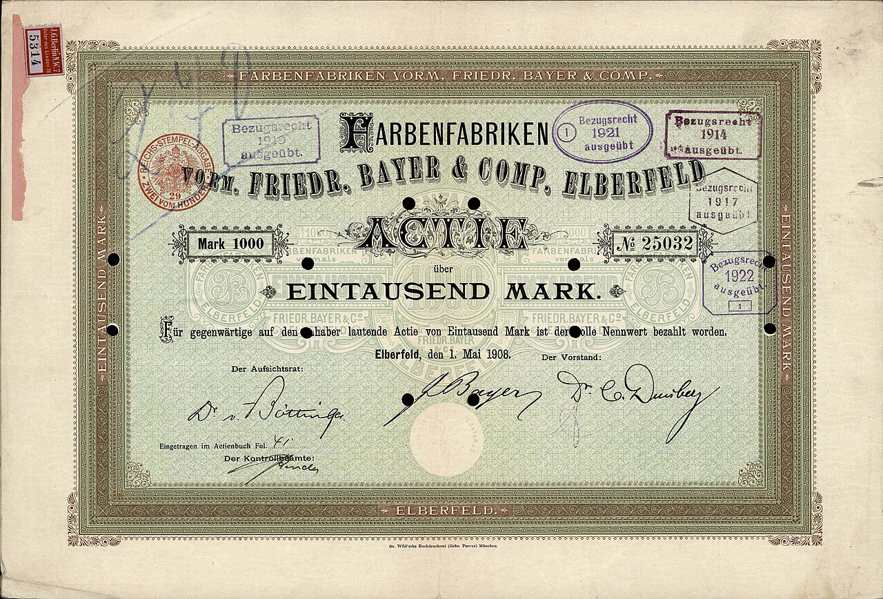 Une action des Farbenfabriken vorm. Friedr. Bayer & Comp, émise en 1908. Un vestige financier d'une époque précédant la fusion au sein d'IG Farben.