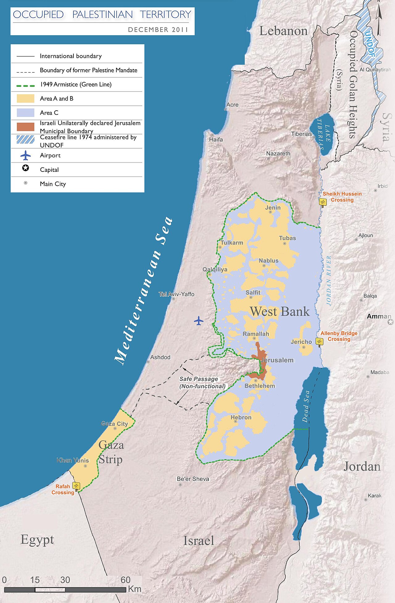 Peta Tepi Barat tahun 2011, menunjukkan Area C (biru), yang berada di bawah kendali penuh militer dan sipil Israel dan menjadi fokus utama pembangunan pemukiman.