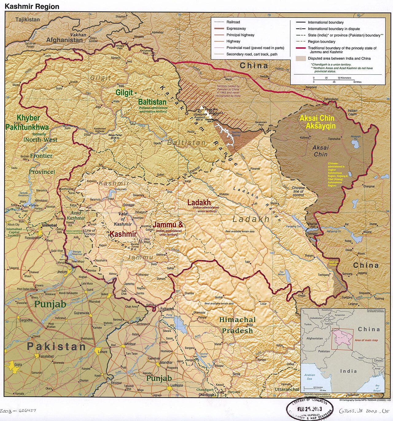 Ramani inayoonyesha madai ya India na Pakistan juu ya jimbo la zamani la Jammu na Kashmir, chanzo cha mzozo unaoendelea.