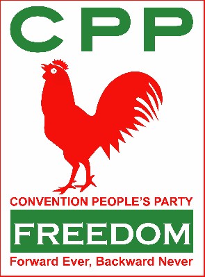 Der rote Hahn, das Symbol der Convention People's Party (CPP), mit dem Slogan „Forward Ever, Backward Never“.