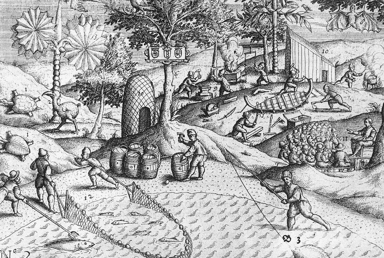 Een Nederlandse gravure uit 1601 toont vroege activiteiten op Mauritius, inclusief de eerste gepubliceerde afbeelding van een dodo.
