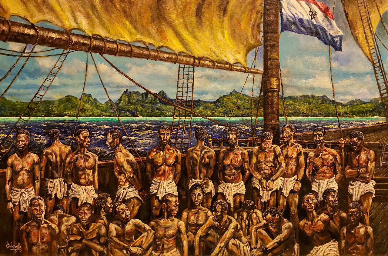 Een afbeelding die de verscheping van de eerste tot slaaf gemaakte Afrikanen naar Mauritius uitbeeldt.