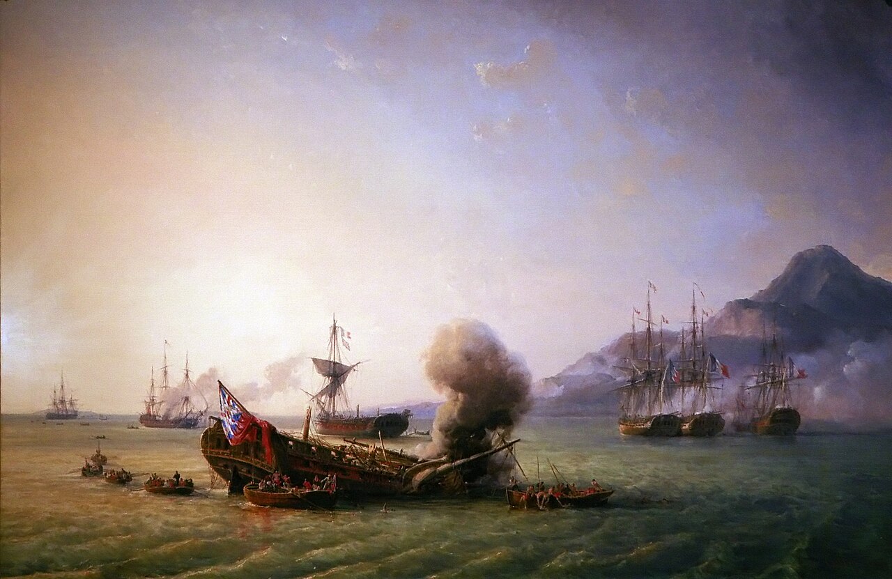 De Slag bij Grand Port in 1810, een van de zeeslagen die de Britse invasie van Mauritius motiveerde.