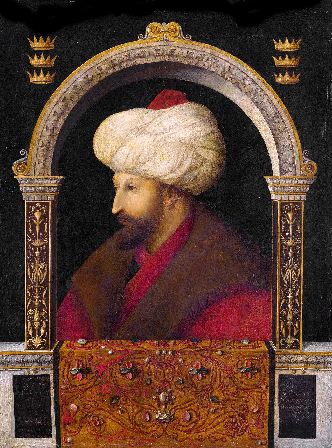 Gentile Bellini'nin 1480'de yaptığı Sultan II. Mehmet portresi. Fatih, kendisini bir Rönesans hükümdarı olarak tasvir ettirerek Batı'ya ve Doğu'ya gücünün ve kültürel vizyonunun mesajını veriyordu.