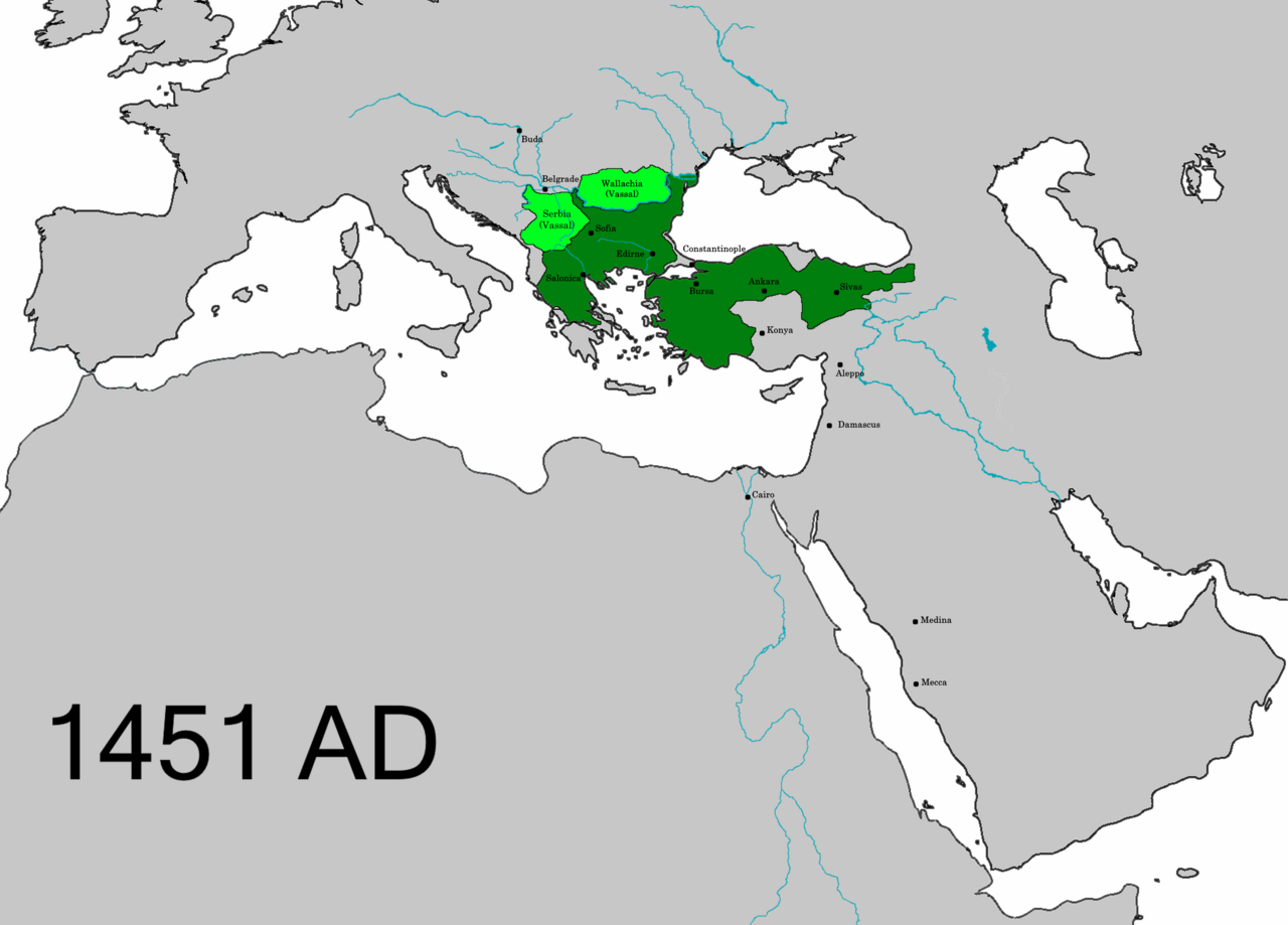 1451'de II. Mehmet'in ikinci saltanatının başlangıcında Osmanlı İmparatorluğu'nun haritası. Konstantinopolis, imparatorluğun Anadolu ve Rumeli toprakları arasında bir engel olarak duruyordu.