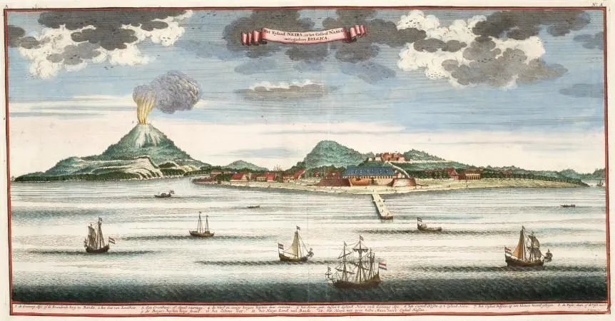 Die vulkanischen Banda-Inseln in Indonesien, Schauplatz des Massakers der Niederländischen Ostindien-Kompanie im Jahr 1621 Die vulkanischen Banda-Inseln in Indonesien, Schauplatz des Massakers der Niederländischen Ostindien-Kompanie im Jahr 1621