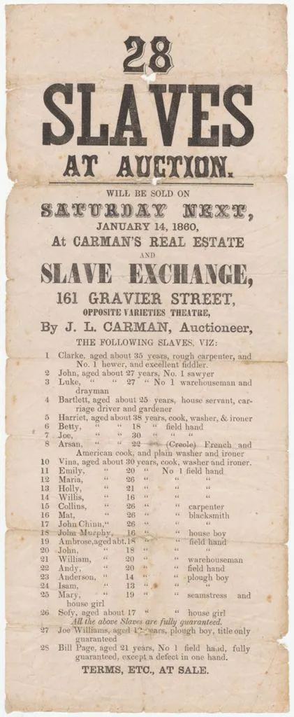 Anuncio de subasta de esclavos en Charleston, 1769