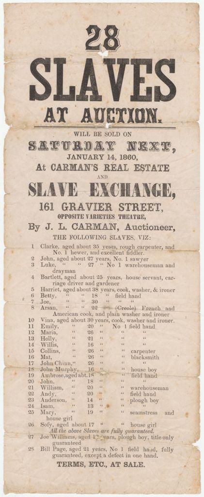 Charleston, S.C., slave auction advertisement, 1769
