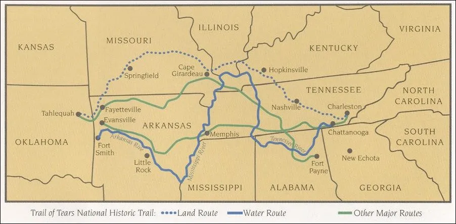 Gemälde des Pfads der Tränen, der Zwangsumsiedlung der Cherokee-, Muscogee-, Seminolen-, Chickasaw- und Choctaw-Nationen durch die Vereinigten Staaten in den 1830er Jahren Gemälde des Pfads der Tränen, der Zwangsumsiedlung der Cherokee-, Muscogee-, Seminolen-, Chickasaw- und Choctaw-Nationen durch die Vereinigten Staaten in den 1830er Jahren