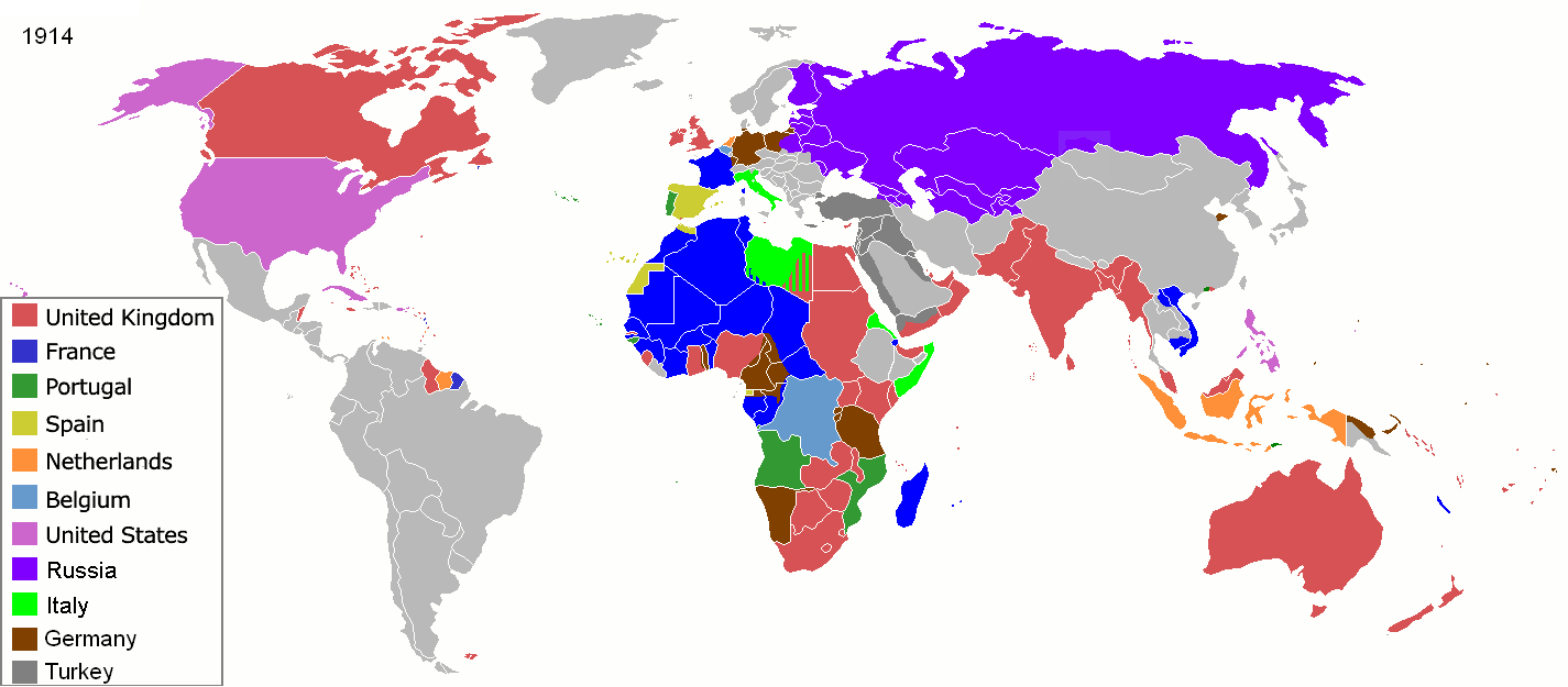 Carte du monde des empires coloniaux en 1914, montrant les possessions de la Grande-Bretagne, de la France, de l'Allemagne, de la Belgique, des Pays-Bas, du Portugal, de l'Espagne, de l'Italie, des États-Unis, de la Russie et du Japon. Carte du monde des empires coloniaux en 1914, montrant les possessions de la Grande-Bretagne, de la France, de l'Allemagne, de la Belgique, des Pays-Bas, du Portugal, de l'Espagne, de l'Italie, des États-Unis, de la Russie et du Japon.